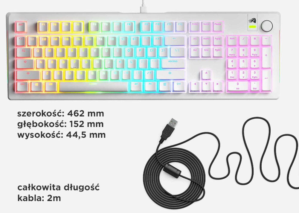 GLORIOUS GMMK 3 Glorious GMMK 3 dwóch wariantach kolorystycznych klasycznej czerni stylowej bieli Czarny model biały wariant - klawiatura z podświetleniem rgb od góry, obok kabel z końcówką USB-A