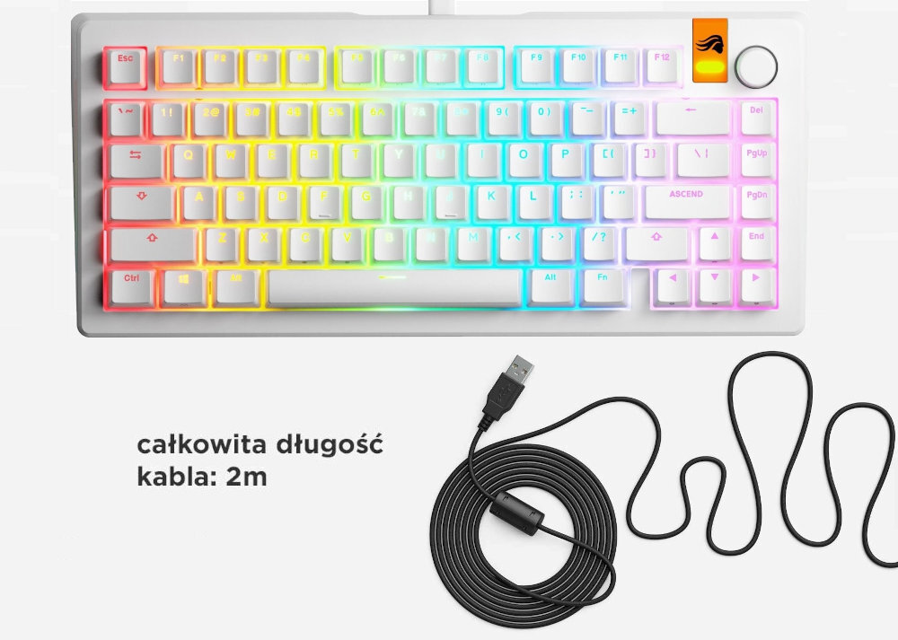 Glorious GMMK 3 Prebuilt Solidna konstrukcja odporność 338 x 152 x 44,5 mm - klawiatura z podświetleniem rgb od góry, obok kabel z końcówką USB-A