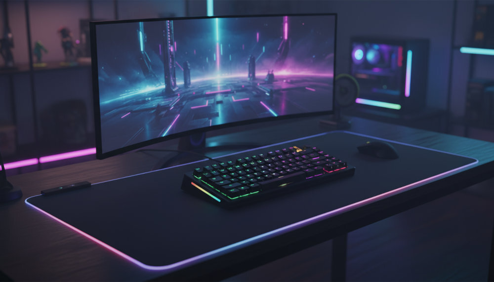 GLORIOUS GMMK 3 Prebuilt HE - klawiatura na gamingowym biurku z zakrzywionym monitorem