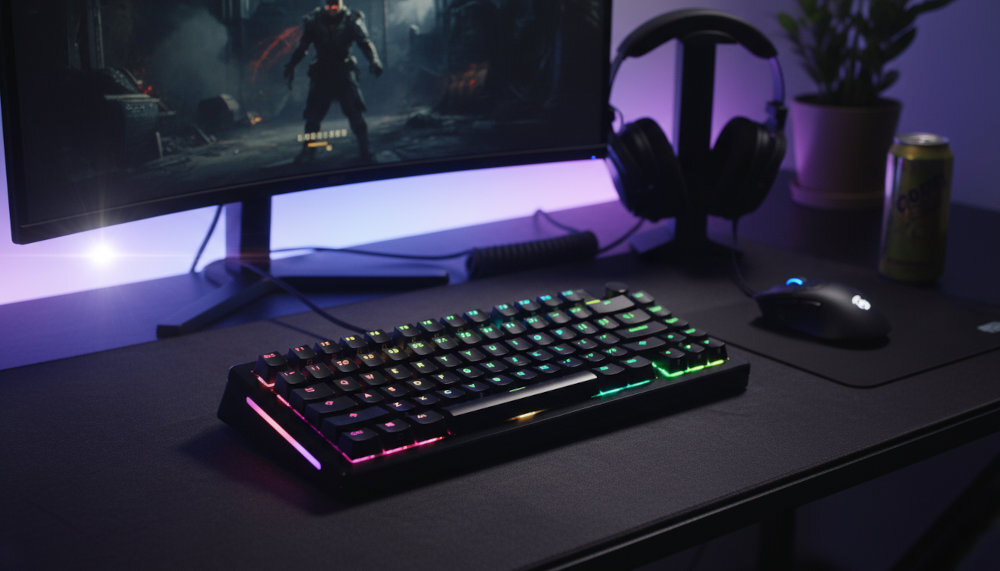 GLORIOUS GMMK 3 Pro - klawiatura na gamingowym biurku z zakrzywionym monitorem