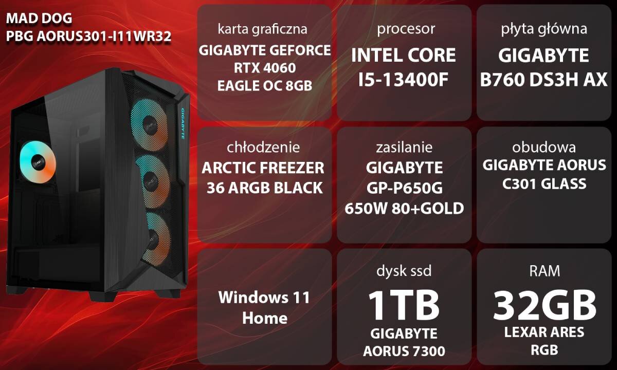 Komputer MAD DOG PBG AORUS301-I11WR32 i5-13400F 32GB RAM 1TB SSD GeForce RTX4060 Wi-Fi Windows 11 Home opis
