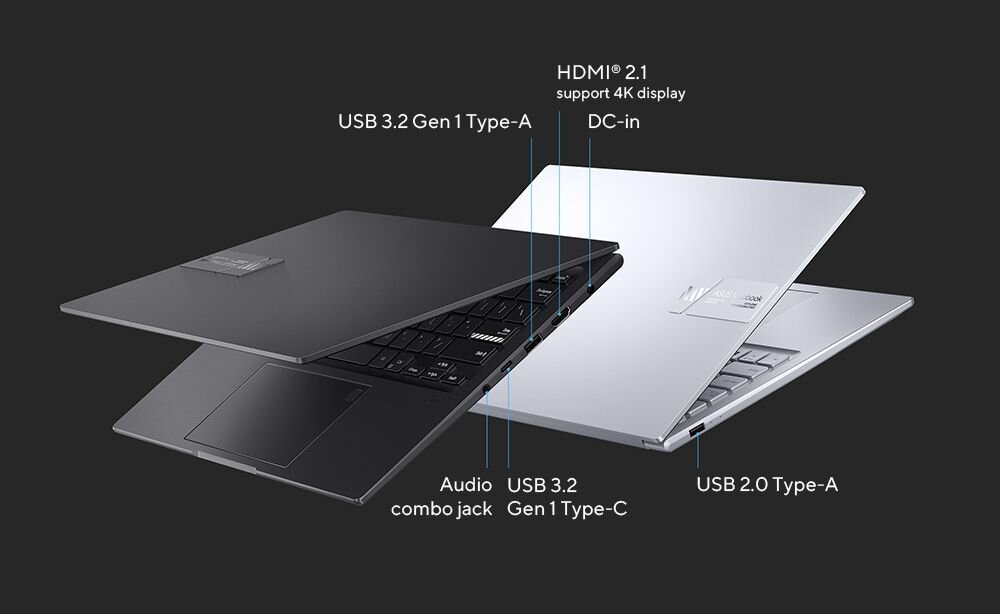 Laptop ASUS VivoBook 14X K3405 - Dwa laptopy pokazujące złącza.