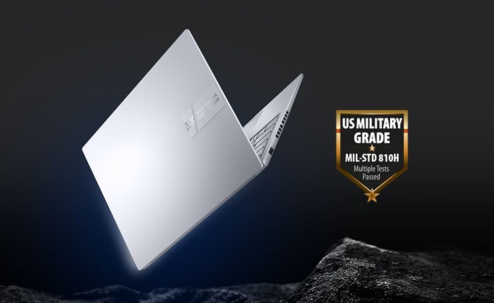Laptop ASUS VivoBook 14X K3405 - Laptop umieszczony na górze z hasłem MIL-STD-810H.