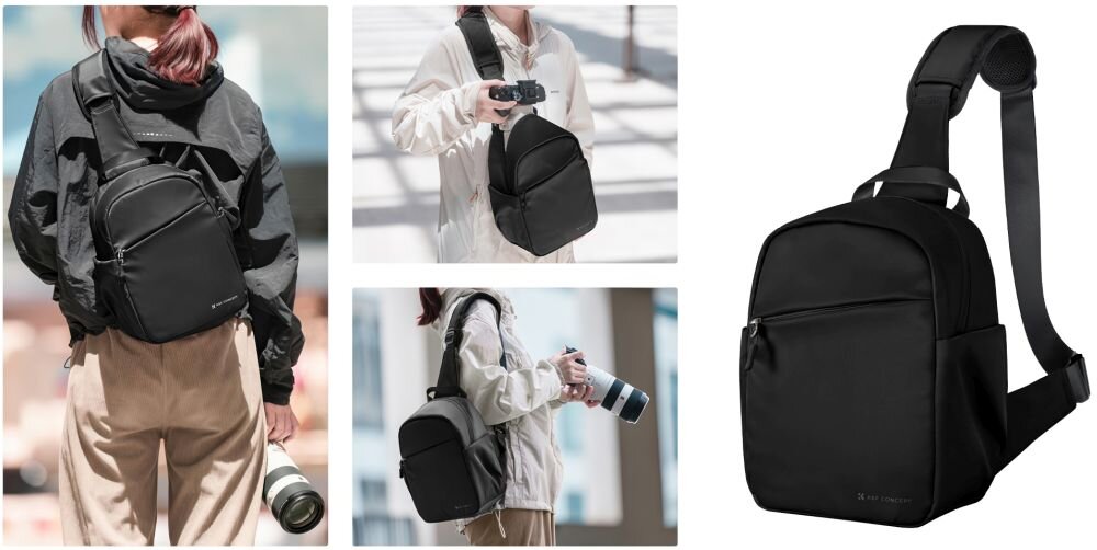 Czarny plecak fotograficzny K&F CONCEPT Kf13.171 Sling 5L prezentowany na osobach trzymających aparaty fotograficzne. Widoczne logo K&F CONCEPT na plecaku.