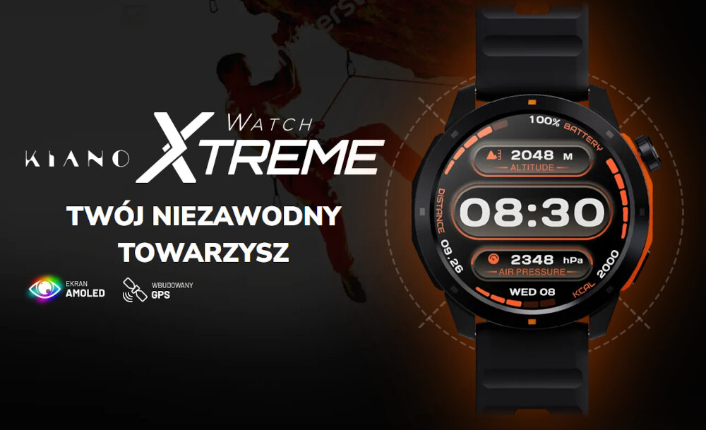 Smartwatch KIANO Watch Xtreme ekran bateria czujniki zdrowie sport pasek ładowanie pojemność rozdzielczość łączność sterowanie krew puls rozmowy smartfon aplikacja
