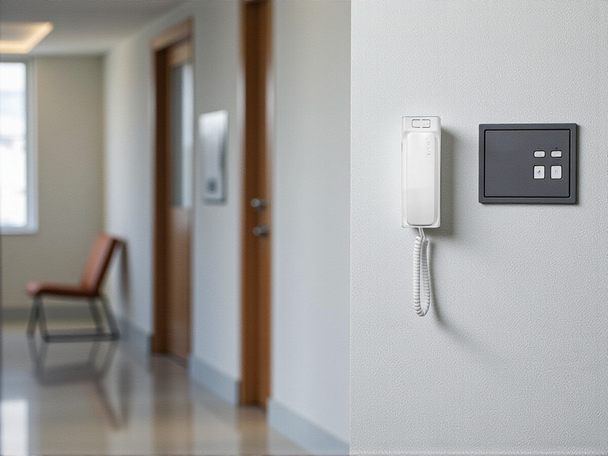 Unifon CYFRAL Baltic-D Biały, regulacja, sekretność, wygoda, trwałość, Unifon CYFRAL Baltic-D biały na ścianie przy panelu sterującym w biurze, korytarz z krzesłem.