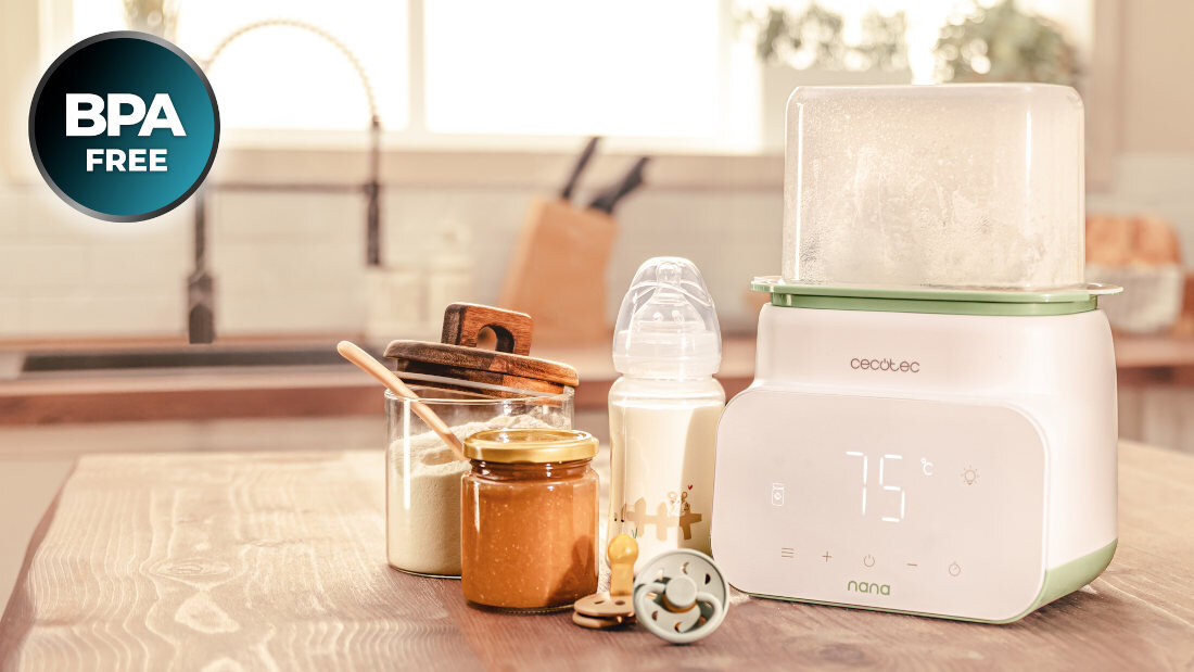 Podgrzewacz do butelek CECOTEC Nana Double Bezpieczne materiały z materiałów wolnych od BPA i toksyn  Wewnętrzny koszyk chroni 
