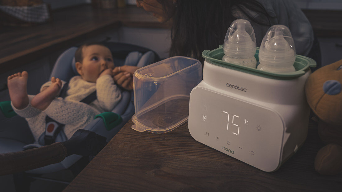 Podgrzewacz do butelek CECOTEC Nana Double Bezpieczne materiały z materiałów wolnych od BPA i toksyn  Wewnętrzny koszyk chroni Czytelny ekran LED wbudowany timer zaplanowanie działania kontrola Dyskretne podświetlenie LED  Cicha praca i delikatny blask