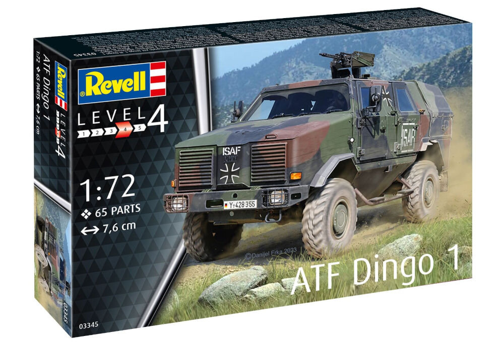 Samochód REVELL Model Set ATF Dingo 1 63345 opancerzony, uzbrojony kołowy pojazd powietrzno-desantowy 
					rozmieszczony w Niemczech, Austrii, Belgii i Luksemburgu opracowany z myślą o zapewnieniu maksymalnego
					bezpieczeństwa pasażerom podczas misji patrolowych i rozpoznawczych zalecane kolory farb