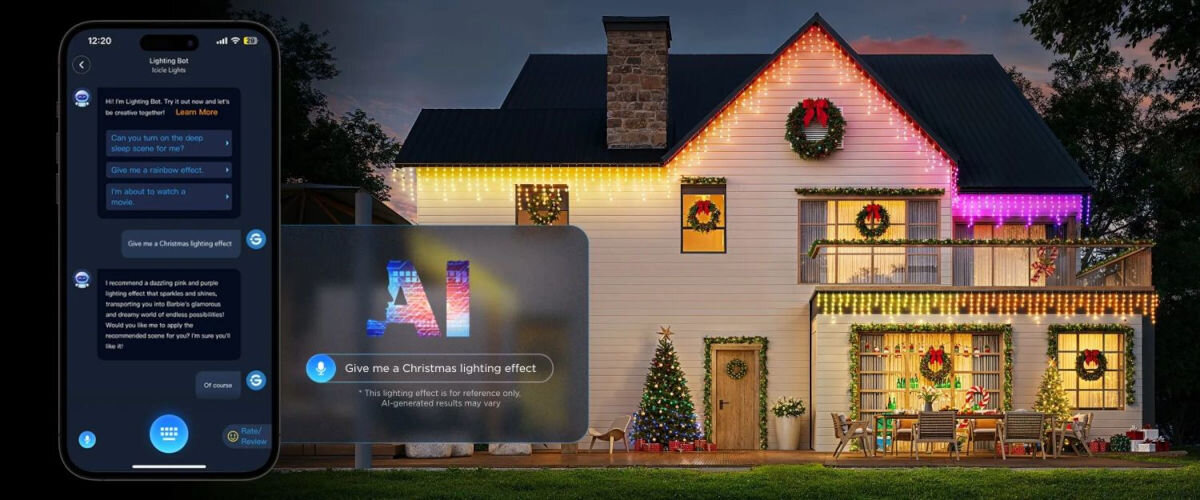 Kurtyna dekoracyjna GOVEE H70D1 400 LED Sieciowe 10 m Biały, oświetlenie, kurtyna, ogród, aranżacja, Smartfon z aplikacją Govee pokazujący chat z AI do generowania oświetlenia świątecznego, obok domu udekorowanego kolorowymi LED-ami na dachu, oknach i drzwiach z choinką.