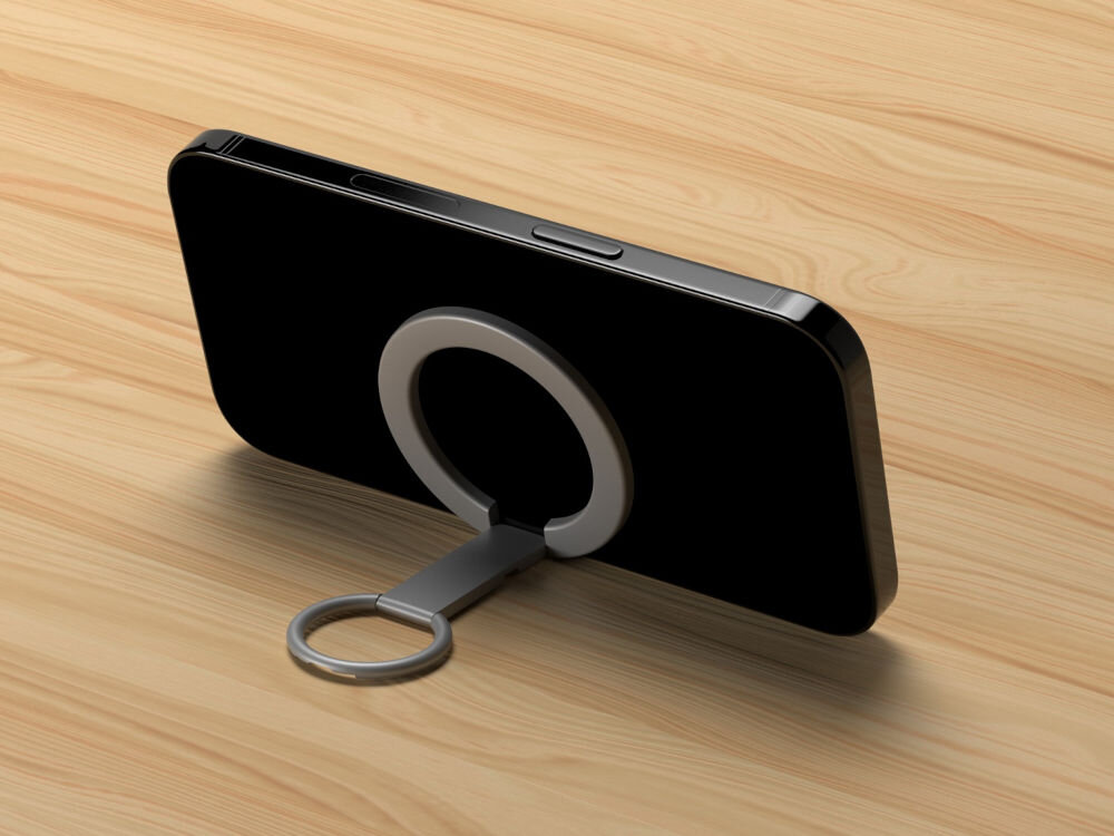 Uchwyt z podstawką XLINE MagSystem PR750S Srebrny rozłożony przyczepiony do telefonu stoi na drewnianym blacie