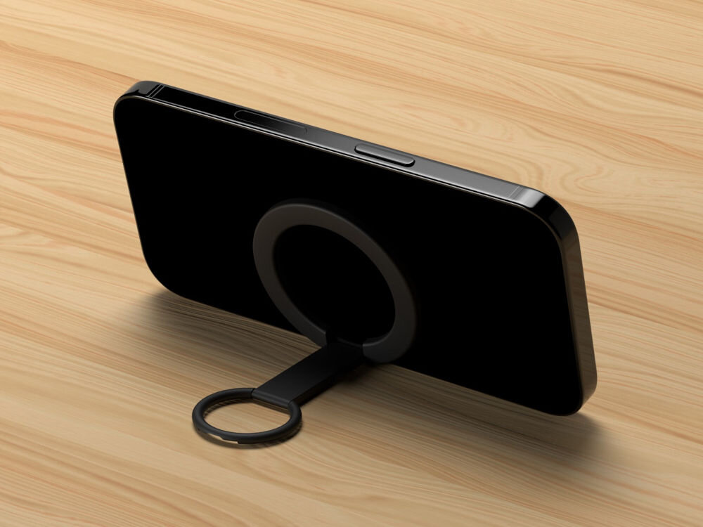 Uchwyt z podstawką XLINE MagSystem PR750K Czarny rozłożony przyczepiony do telefonu stoi na drewnianym blacie