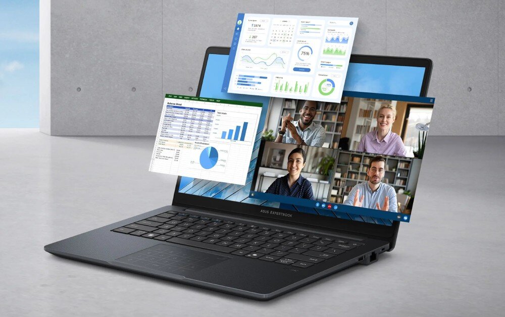 Laptop ASUS ExpertBook B1403CVA-S60475X Laptop ustawiony na powierzchni, z otwartym ekranem, na którym wyświetlone są wykresy, arkusz kalkulacyjny i rozmowa wideo z czterema osobami, podzespoły, procesor, rdzenie, wydajność