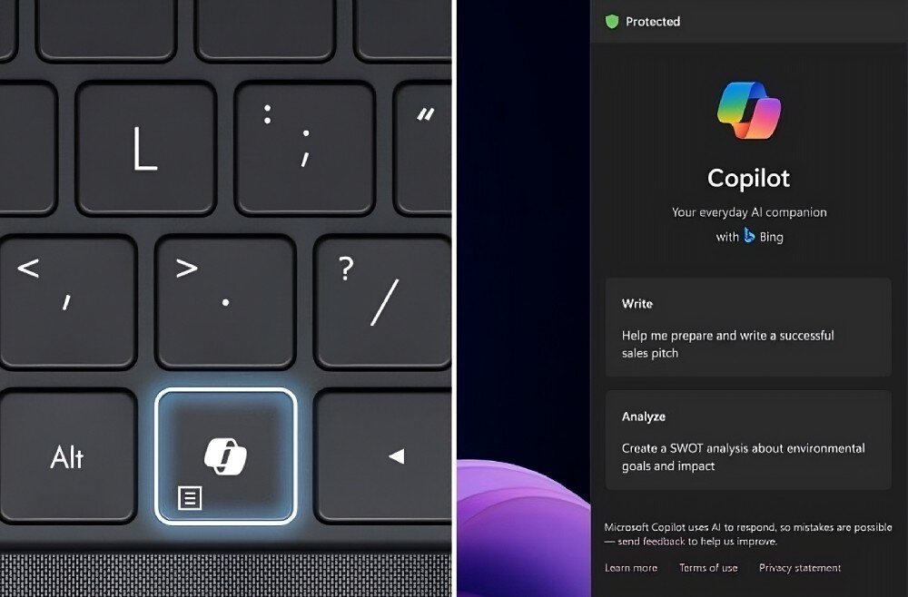 Laptop ASUS ExpertBook B1403CVA-S60475X Zbliżenie na klawiaturę laptopa z podświetlonym dedykowanym przyciskiem z ikoną przypominającą dokument. Obok widok ekranu z otwartym interfejsem asystenta AI, funkcje, sztuczna inteligencja, asystent Copilot