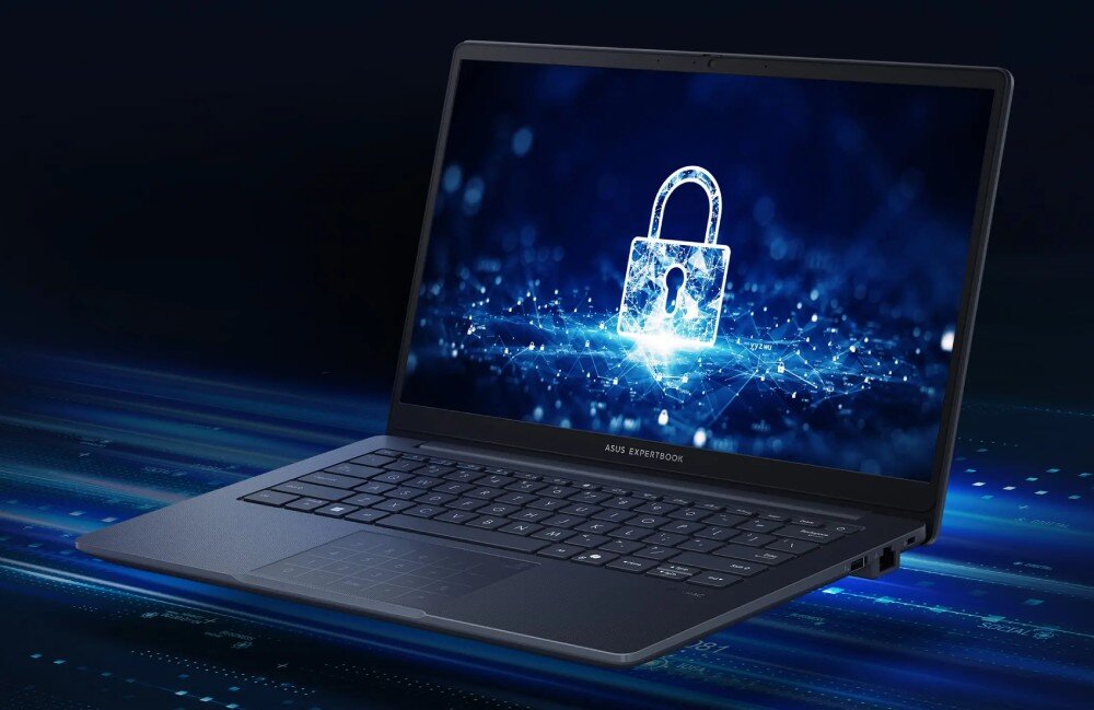 Laptop ASUS ExpertBook B1403CVA-S60475X Laptop z otwartym ekranem na tle ciemnego, cyfrowego motywu z symbolem kłódki, symbolizującym bezpieczeństwo danych, zabezpieczenia, czytnik linii papilarnych