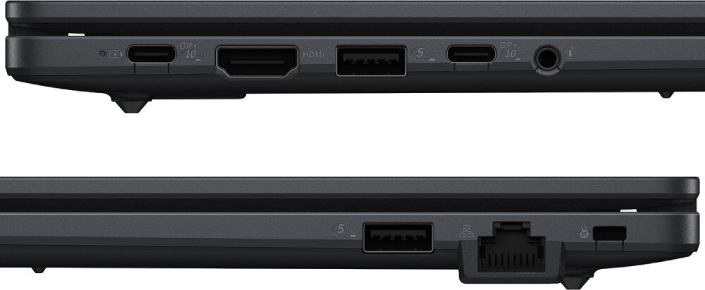 Laptop ASUS ExpertBook B1403CVA-S60475X Zbliżenie na porty po obu stronach laptopa, obejmujące m.in. USB, HDMI, gniazdo słuchawkowe i port Ethernet, port, gniazda, łączność