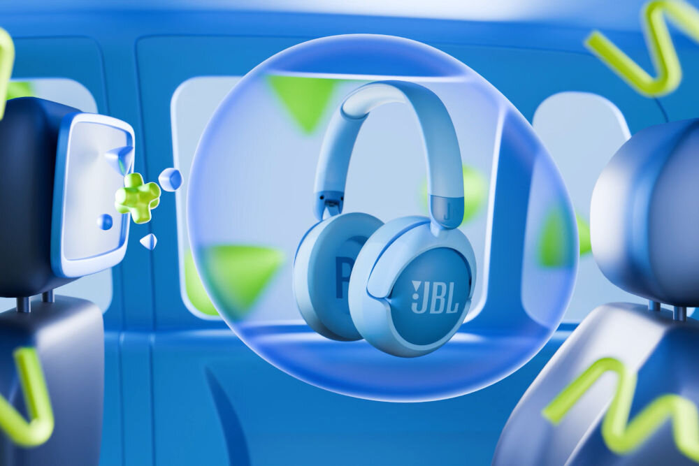 Słuchawki nauszne JBL Junior 470NC ANC wizualizacja działania ANC wyciszenie czułość 80 dB SP 1 kHz wyraźny dźwiek formaty .MP3 .WAV .WMA .FLAC