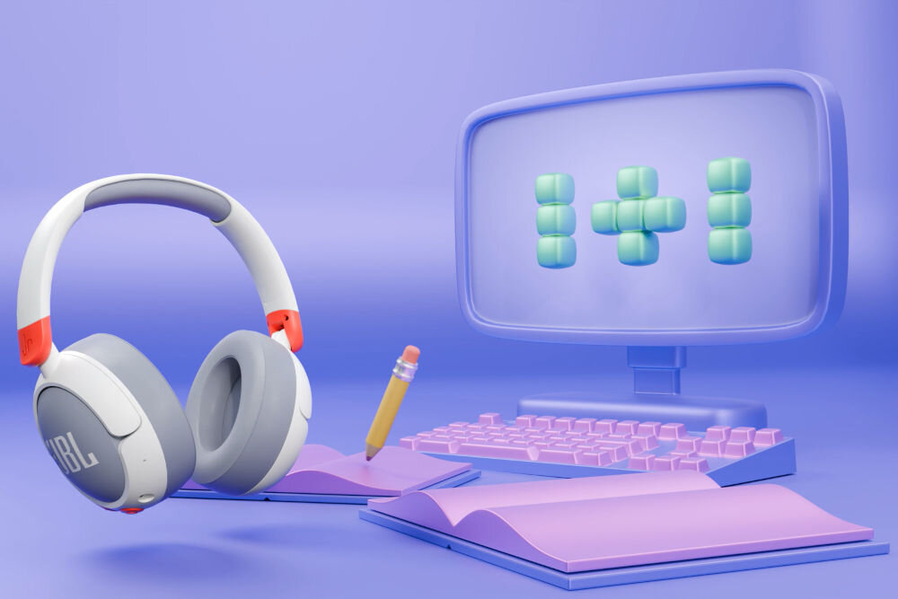 Słuchawki nauszne JBL Junior 470NC ANC słuchawki obok wizualizacji komputera połączenie Bluetooth 5.3 pasmo 2,4 GHz obsługiwane profile