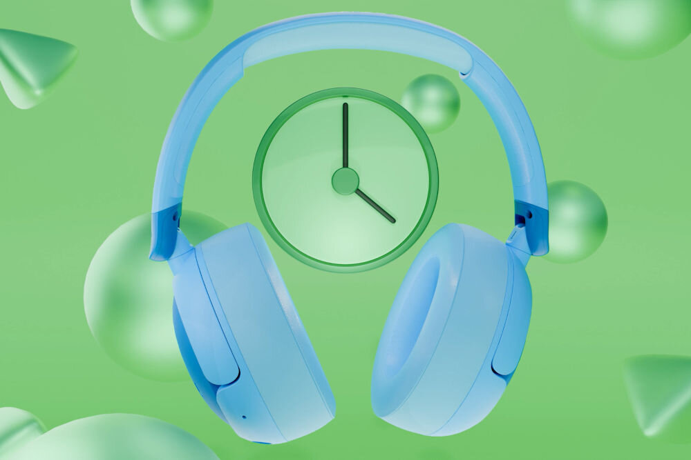 Słuchawki nauszne JBL Junior 470NC ANC wizualizacja zegara z czasem pracy bateria litowo-jonowa 5000 mAH do 50 godzin pracy szybkie ładowanie usb-c