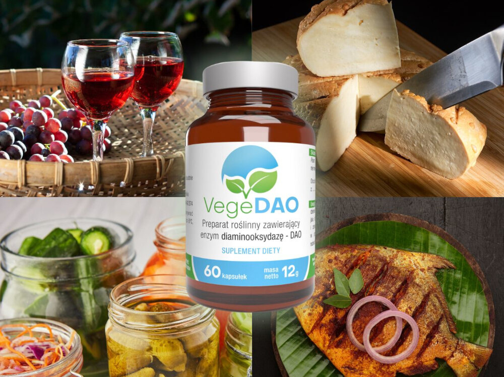 Suplement na histaminę VEGEDAO 60 kapsułek dedykowany osobom zmagajacym sie z nietolerancja histaminy wartosciowe wsparcie roslinny sklad ekstrakt z Pisum sativum 2000 mg do dlugotrwalego stosowania dla osob z dieta roslina