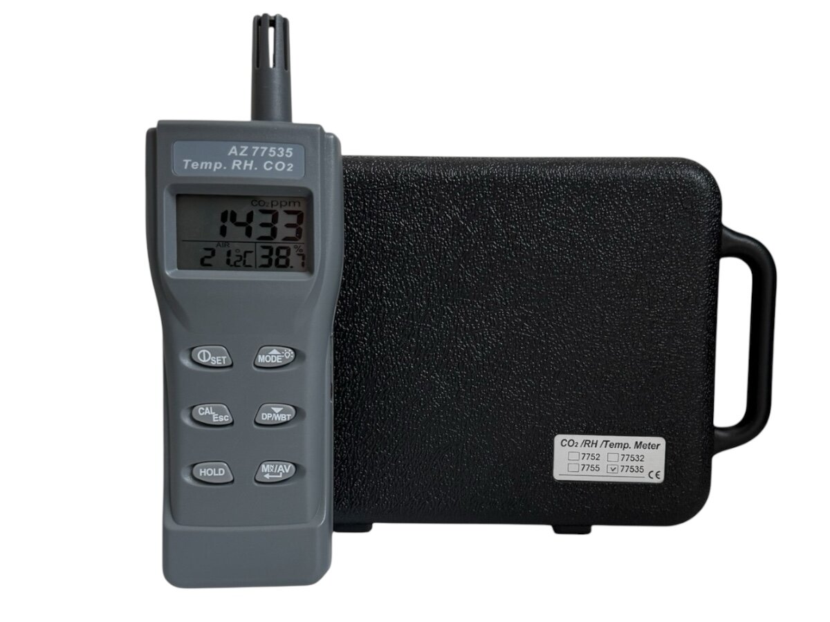 AISKO VZ77535 czujnik NDIR pomiar poziomu dwutlenku węgla w czasie rzeczywistym sensor Rotronicwilgotności czytelnym, trójpolowym ekranie LCD ustawienie progu alarmowego CO2, zmianę jednostek temperatury (°C/°F) wybór wartości wyświetlanych na ekranie HOLD, MIN/MAX, TWA i STEL