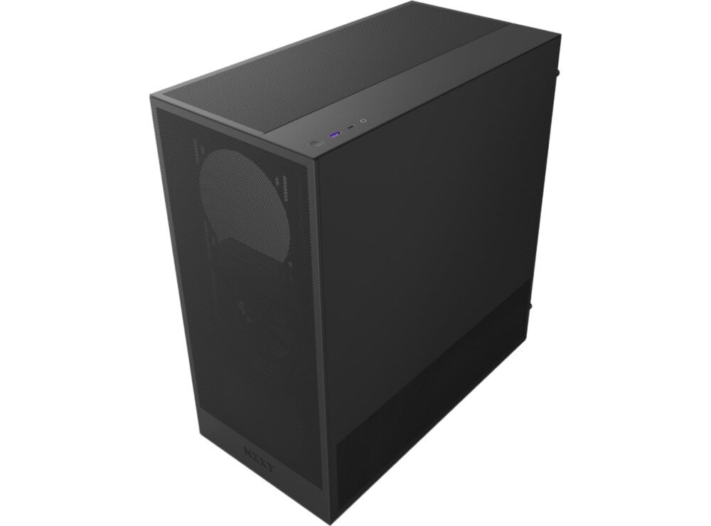 Obudowa NZXT H5 Flow Obudowa komputerowa w ujęciu z góry i z boku z perforowanym panelem przednim oraz portami I/O na górnej krawędzi