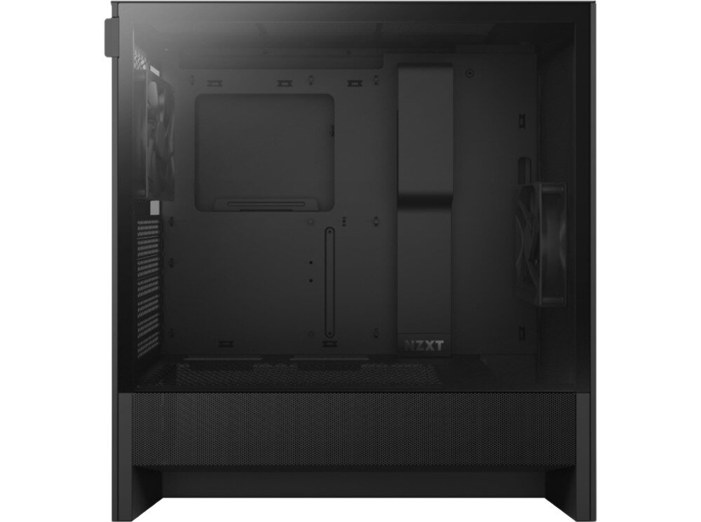 Obudowa NZXT H5 Flow Puste wnętrze obudowy komputerowej widoczne z boku przez przezroczysty panel szklany