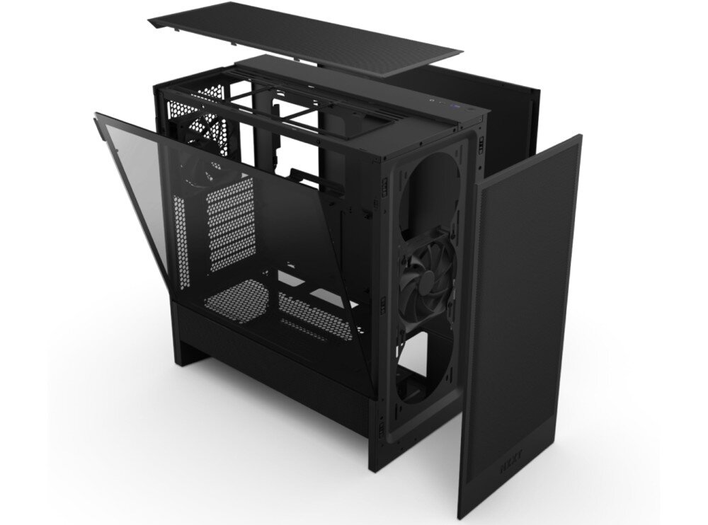 Obudowa NZXT H5 Flow Rozłożona obudowa komputerowa ze zdjętym panelem przednim, górnym oraz uchylonym szklanym bokiem