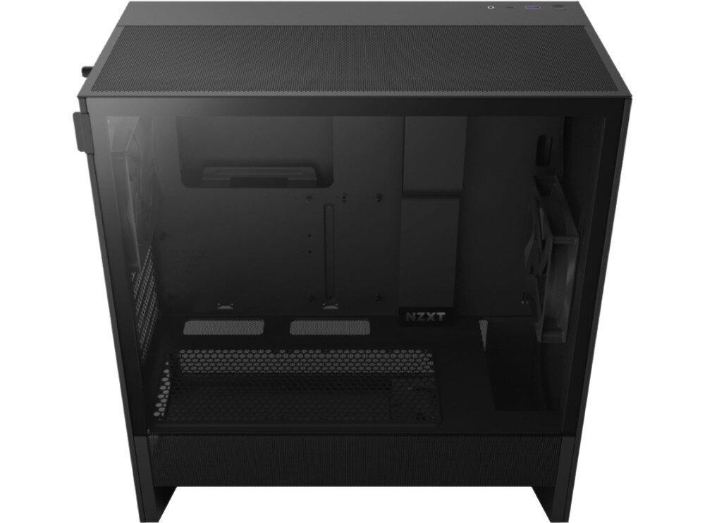 Obudowa NZXT H5 Flow Puste wnętrze obudowy komputerowej ukazane pod kątem z góry przez przeszklony bok