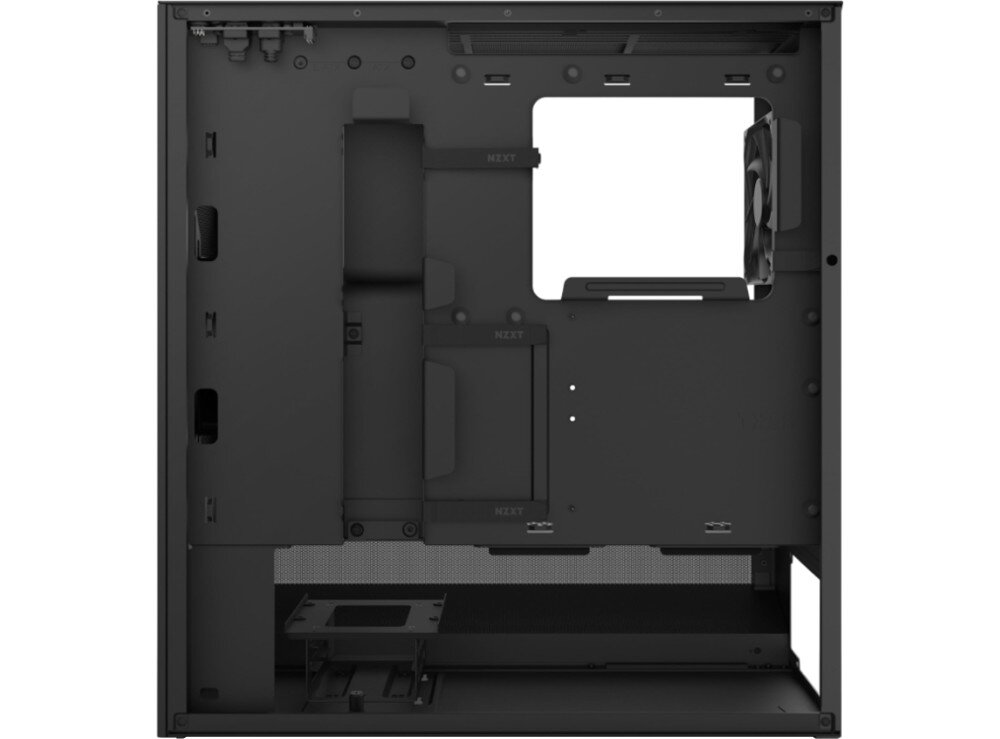 Obudowa NZXT H5 Flow Wnętrze obudowy komputerowej od strony montażowej i zaplecza dla okablowania po zdjęciu bocznego panelu