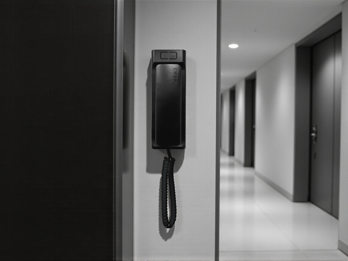 Unifon CYFRAL Baltic 5P Czarny, bezpieczeństwo, regulacja, sekretność, elektro zaczep, Unifon CYFRAL Baltic 5P czarny zamontowany w jasnym korytarzu apartamentu, minimalistyczne wnętrze.