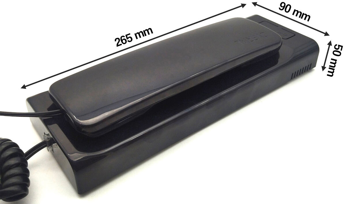 Unifon CYFRAL Baltic 5P Czarny, ergonomia, trwałość, kolor, zasilanie, Widok czarnego unifonu CYFRAL Baltic 5P leżącego na boku, dokładne wymiary: 265 x 90 x 50 mm.