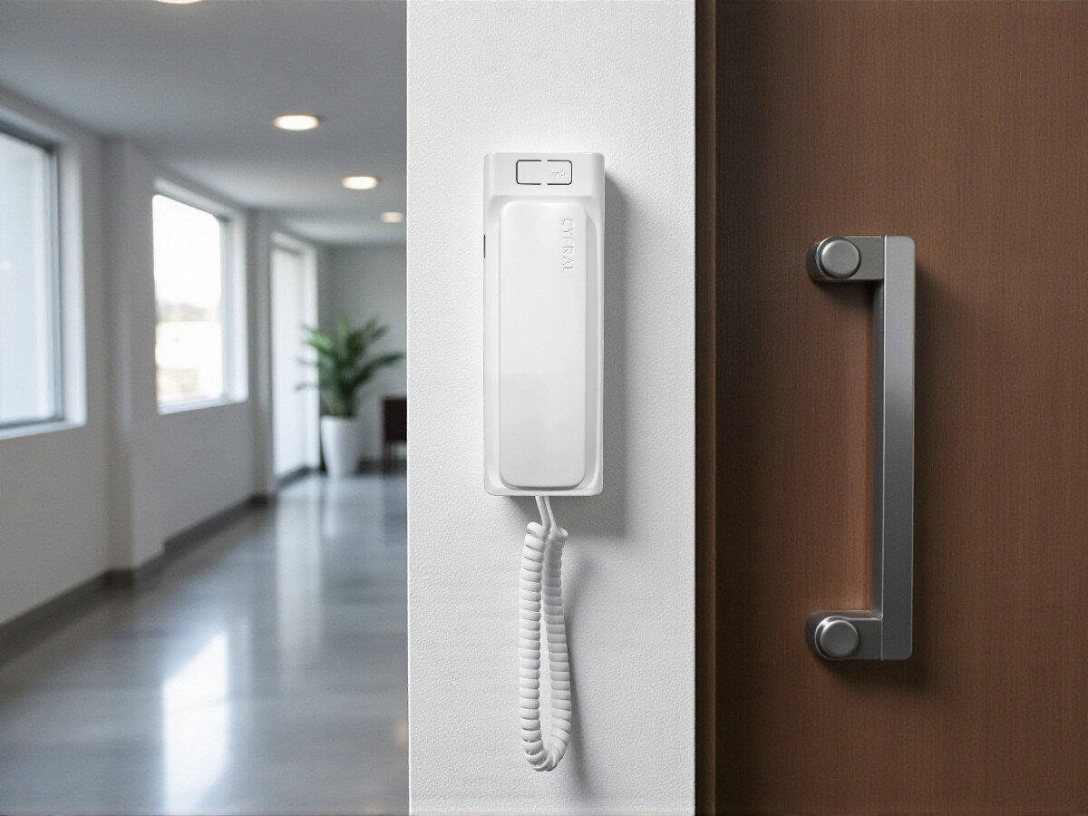 Unifon CYFRAL Baltic 5P Biały, uniwersalność, instalacja, klawisze, montaż, unifon CYFRAL Baltic 5P na ścianie w jasnym korytarzu, widoczne rośliny w tle.