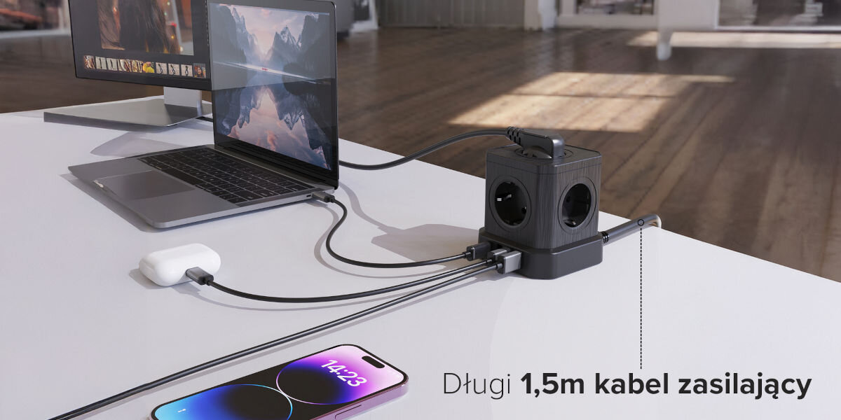 Listwa NEWELL GaN Power Cube NL4387 Czarny, ładowanie, porządek, wygoda, szybkość, kostka zasila 3 urządzenia naraz na blacie stołu