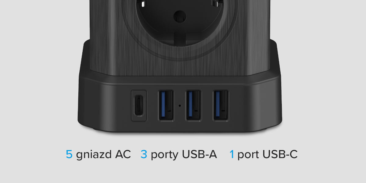 Listwa NEWELL GaN Power Cube NL4387 Czarny, usb, gniazdka, kabel, uniwersalność, na szarym tle kostka z podaniem ilości portów