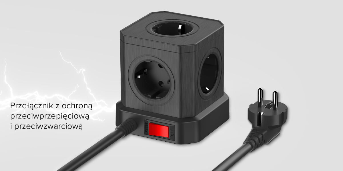 Listwa NEWELL GaN Power Cube NL4387 Czarny, przełącznik, oszczędność, bezpieczeństwo, prąd, na szarym tle kostka z kablem zasilającym