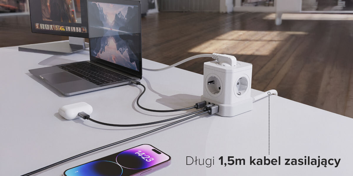 Listwa NEWELL GaN Power Cube NL4385 Biały, ładowanie, komfort, porządek, mobilność, listwa stoi na biurku a do niej podpięte 5 urządzeń, obok napis kabel 1,5m