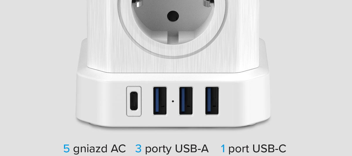 Listwa NEWELL GaN Power Cube NL4385 Biały, porty, USB, kompatybilność, uniwersalność, szare tło, zbliżenie na listwę, poniżej opis ilości gniazd listwy