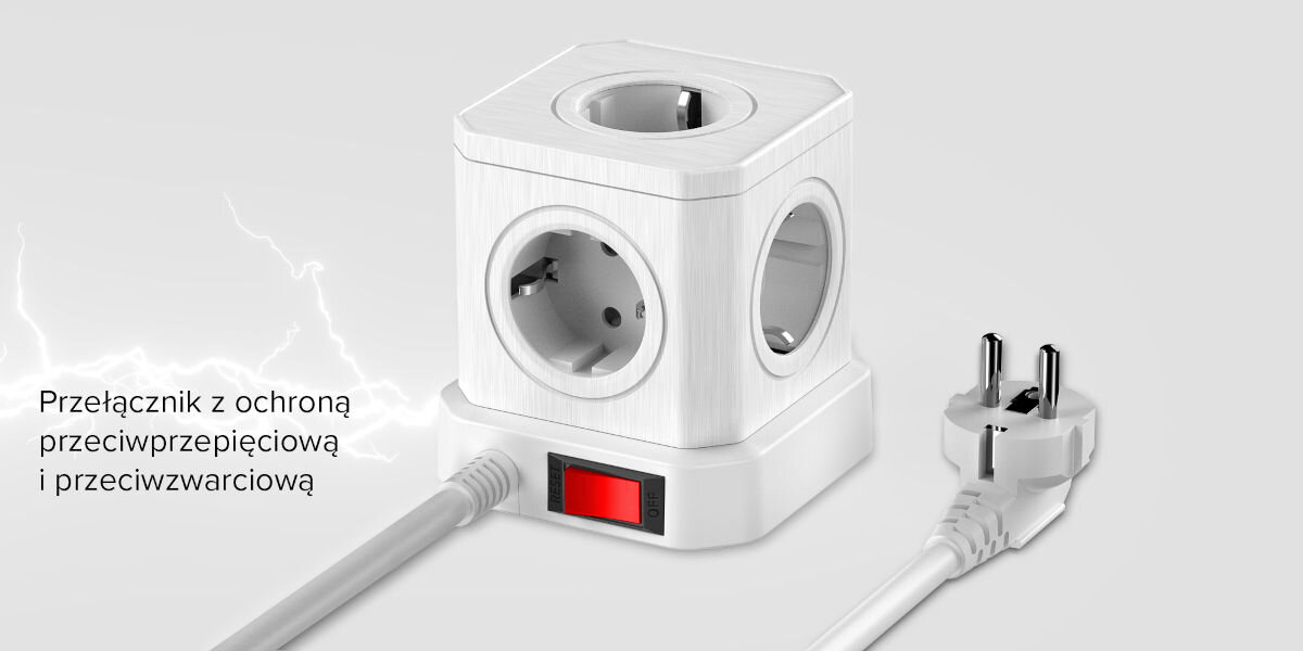 Listwa NEWELL GaN Power Cube NL4385 Biały, ochrona, oszczędność, przełącznik, energia, na szarym tle wizualizacja przepięcia, obok stoi listwa oraz opis o ochronie