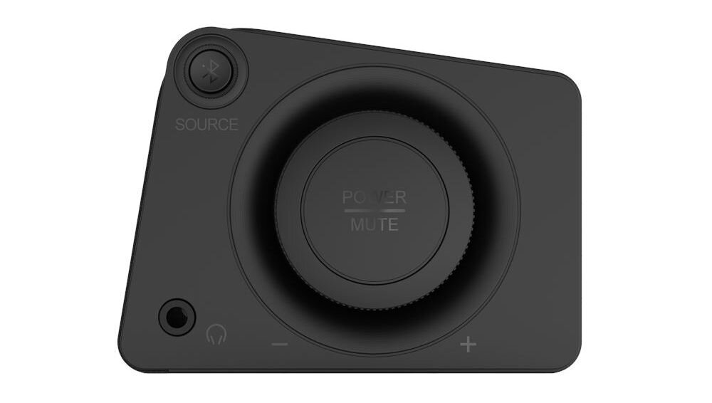 Soundbar komputerowy CREATIVE Stage SE Mini 2.0 boczne sterowanie głośność i parowanie Bluetooth, soundbar z boku na białym tle, pokrętło głośności, wejście słuchawkowe, Bluetooth