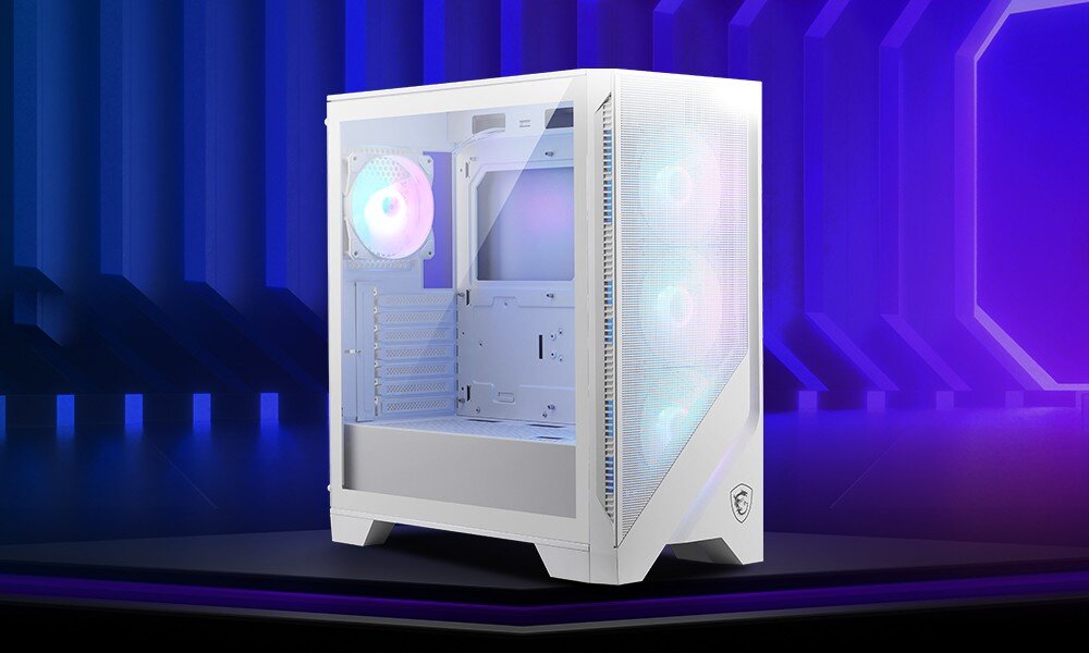 Obudowa MSI MAG Forge 320R Airflow obudowa stojąca pod kątem na tle grafiki z fioletowym motywem wygląd opis