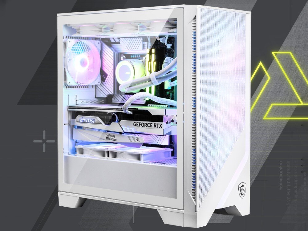 Obudowa MSI MAG Forge 320R Airflow obudowa stojąca bokiem z podzespołami zamontowanymi wewnątrz cechy zalety podświetlenie wygląd szklany panel