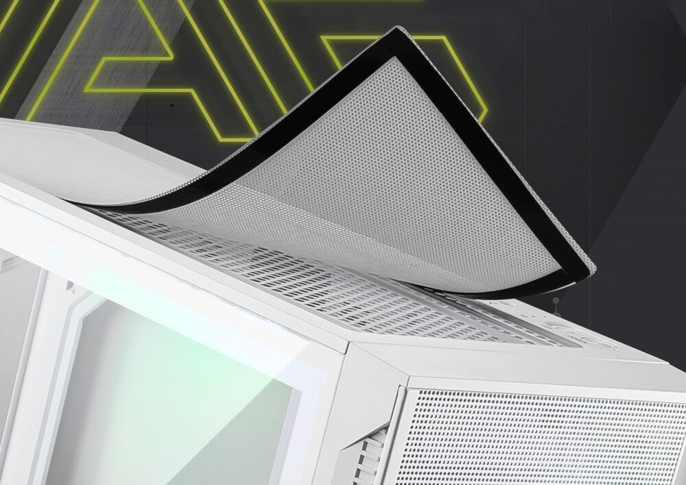 Obudowa MSI MAG Forge 320R Airflow zbliżenie na górny panel z odchylonym filtrem przeciwkurzowym