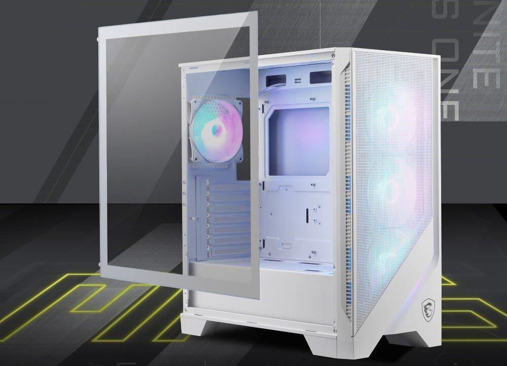 Obudowa MSI MAG Forge 320R Airflow obudowa ze zdjętym szklanym panelem bocznym wnęki na dyski