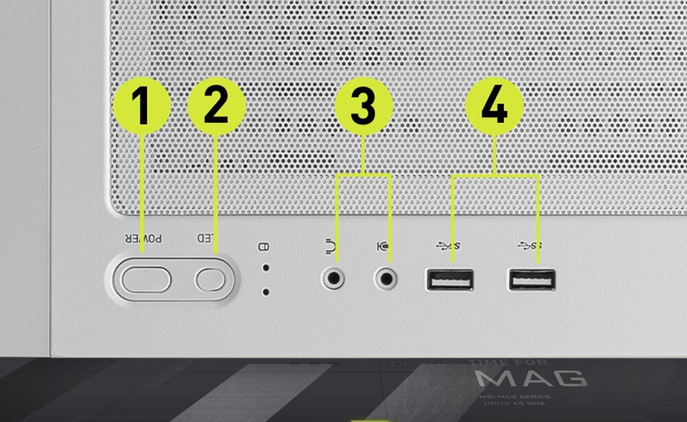 Obudowa MSI MAG Forge 320R Airflow zbliżenie na panel górny z portami podpisanymi numerami od 1 do 4 porty złącza