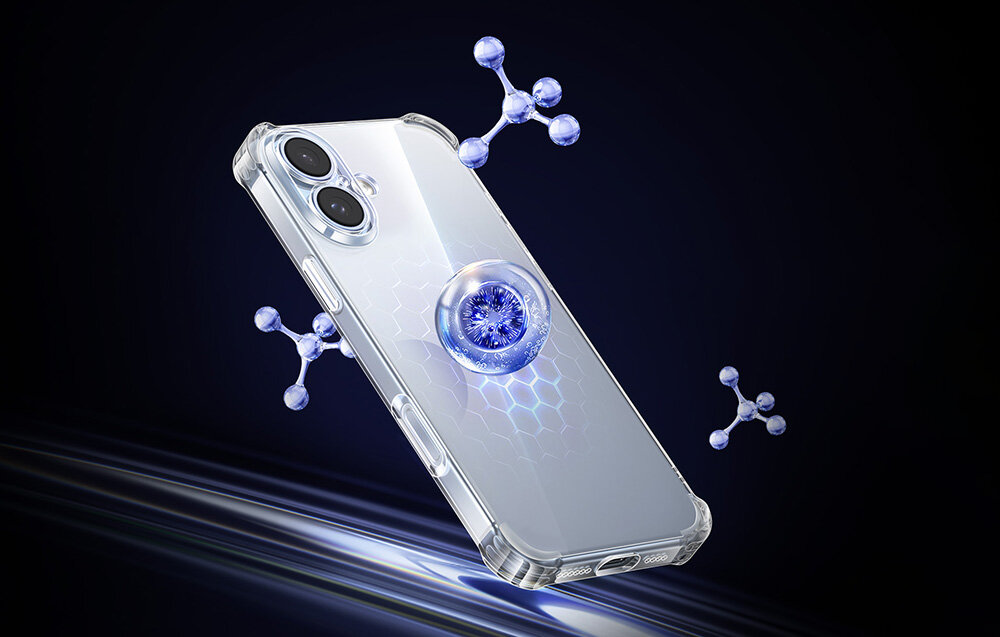 UGREEN Bright Cushion wbudowaną poduszkę powietrzną amortyzuje wstrząsy i chroni urządzenie przed uszkodzeniami - upadek telefonu z etui na ziemie - etui na telefonie na ciemnym tle