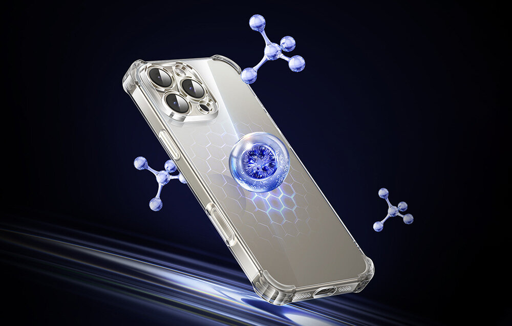 UGREEN Bright Cushion wbudowaną poduszkę powietrzną amortyzuje wstrząsy i chroni urządzenie przed uszkodzeniami - upadek telefonu z etui na ziemie - etui na telefonie na ciemnym tle