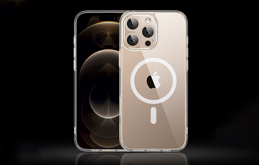 Erui UGREEN Clear iPhone’a 0,15 cm zabezpiecza przed uszkodzeniami Wysokiej jakości materiały trwałość i odporność na utlenianie zintegrowane magnesy NB52 ładowanie MagSafe - telefon z założonym etui od przodu i tyłu