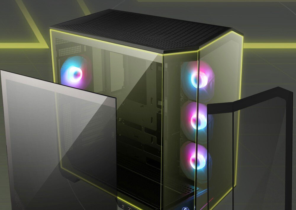 Obudowa MSI MAG Pano 100R PZ Widok z góry na obudowę komputerową ze zdjętymi szklanymi panelami bocznymi, co prezentuje łatwy dostęp do wnętrza oraz konstrukcję z hartowanego szkła