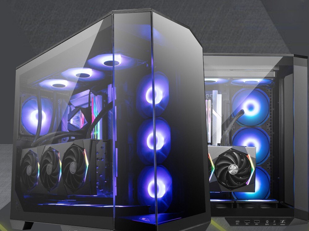 Obudowa MSI MAG Pano 100R PZ Dwie obudowy komputerowe z zamontowanymi podzespołami i aktywnym wielokolorowym podświetleniem, prezentujące pionowy montaż karty graficznej oraz system chłodzenia cieczą
